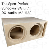 Alternate angle of a TRU SPEC dual-opening enclosure labeled for Sundown SA and DC Audio M3 6.5-inch subwoofers