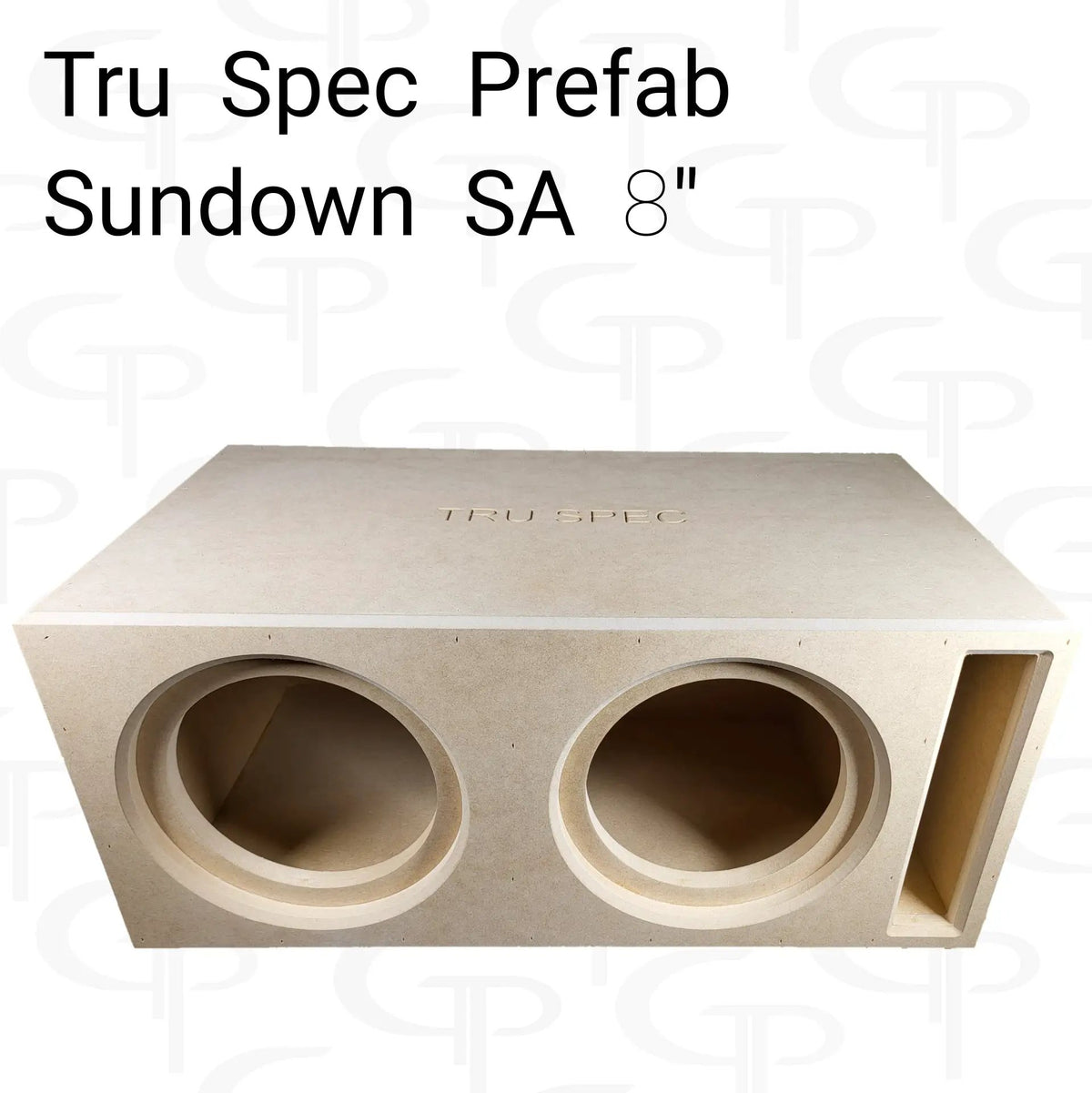 TRU SPEC dual-speaker enclosure viewed from above, showing recessed openings and the right-hand slot port