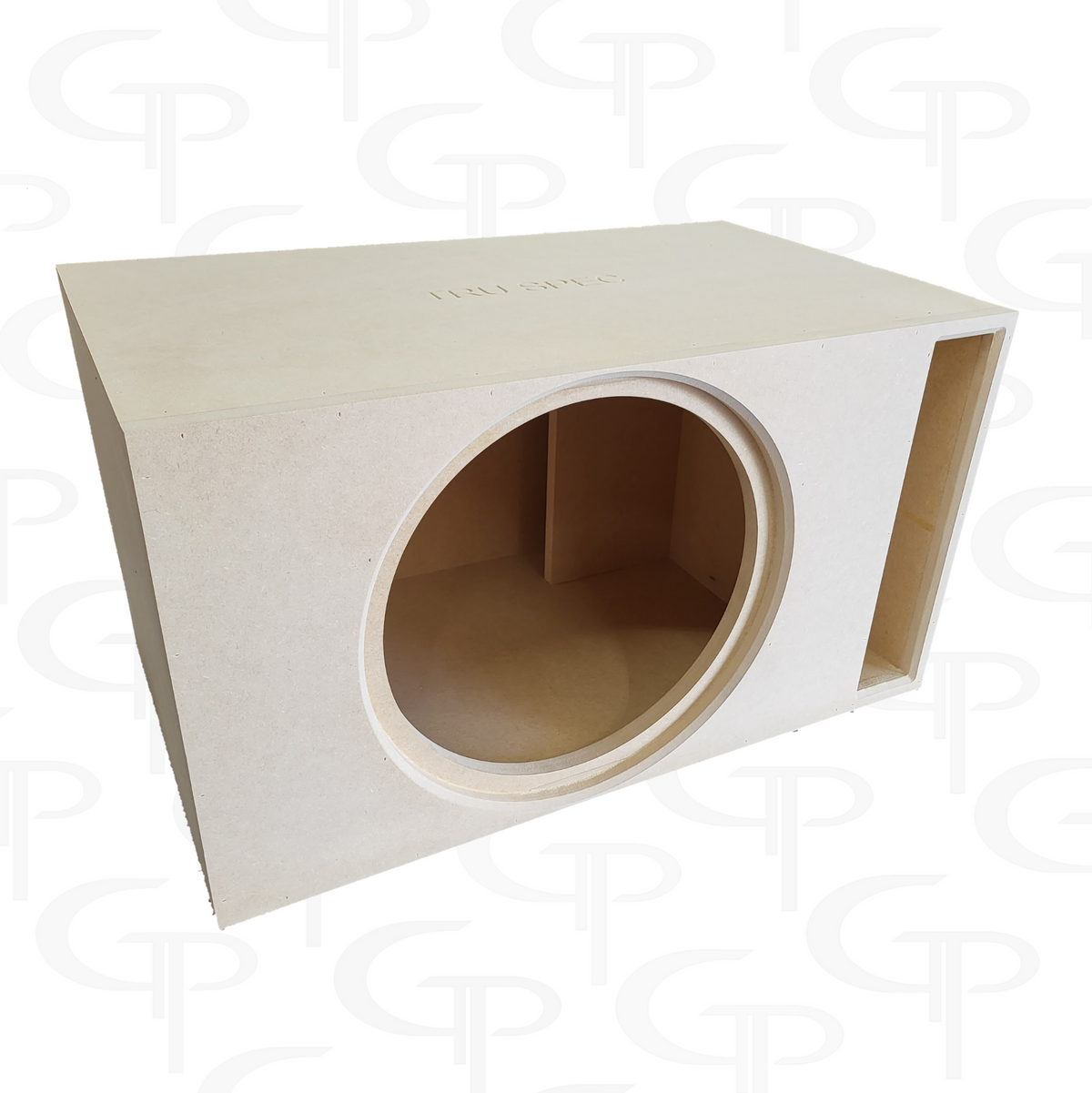 Angled view of an empty TRU SPEC subwoofer enclosure with a round front cutout and vertical slot port