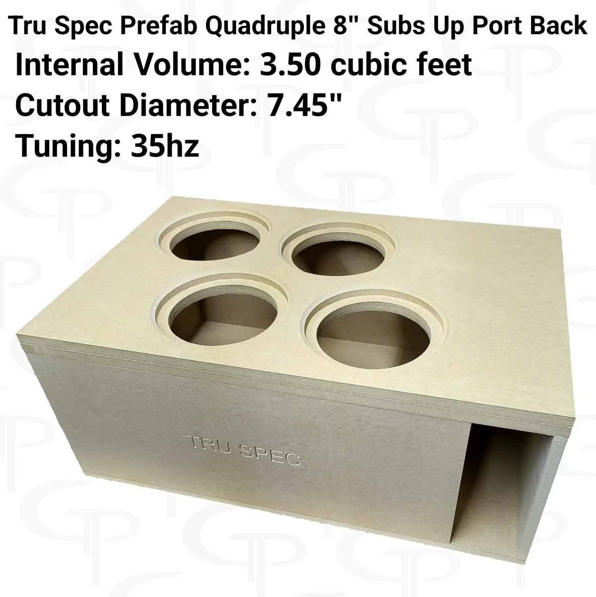 TRU SPEC quad-8-inch enclosure graphic showing four top cutouts, a rear port and the printed volume, cutout and tuning specifications