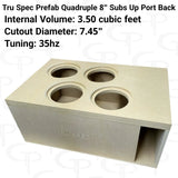 TRU SPEC quad-8-inch enclosure graphic showing four top cutouts, a rear port and the printed volume, cutout and tuning specifications