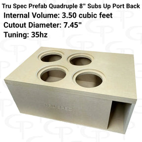 TRU SPEC quad-8-inch enclosure graphic showing four top cutouts, a rear port and the printed volume, cutout and tuning specifications