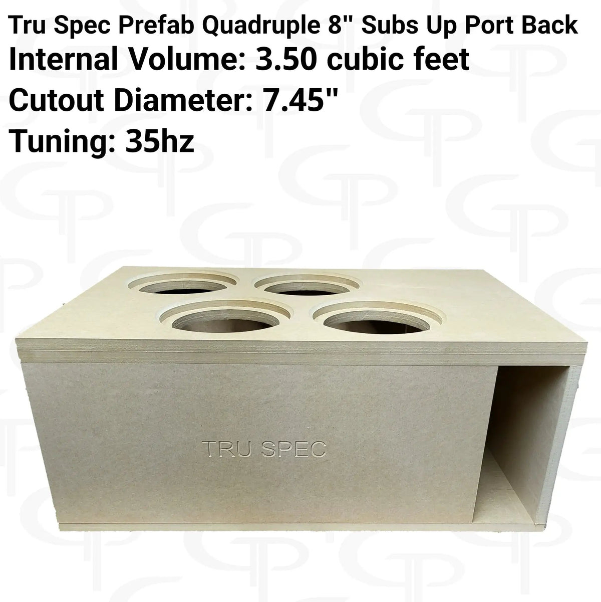 Lower-angle view of the TRU SPEC quad-8-inch enclosure with four top cutouts, rear port and printed specifications