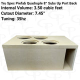 Lower-angle view of the TRU SPEC quad-8-inch enclosure with four top cutouts, rear port and printed specifications