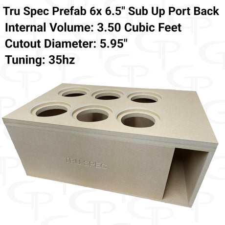 Angled TRU SPEC six-6.5-inch enclosure graphic with six top cutouts, rear port and printed specifications