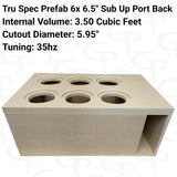 TRU SPEC six-6.5-inch enclosure graphic showing six top cutouts, a rear port and printed specifications