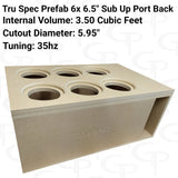 Opposite angled view of a TRU SPEC six-6.5-inch enclosure with the top cutouts, rear port and printed specifications