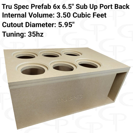 Opposite angled view of a TRU SPEC six-6.5-inch enclosure with the top cutouts, rear port and printed specifications