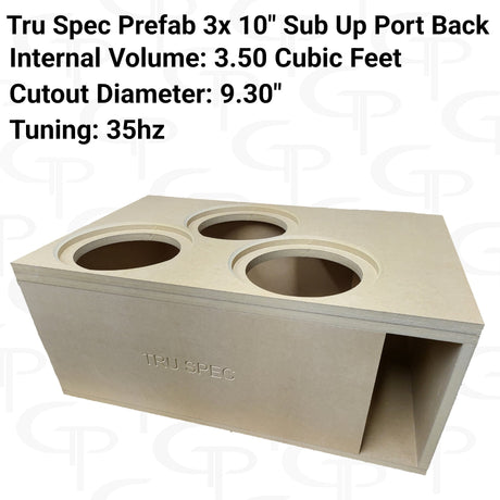 Angled TRU SPEC triple-10-inch enclosure graphic showing the top cutouts, rear port and printed specifications