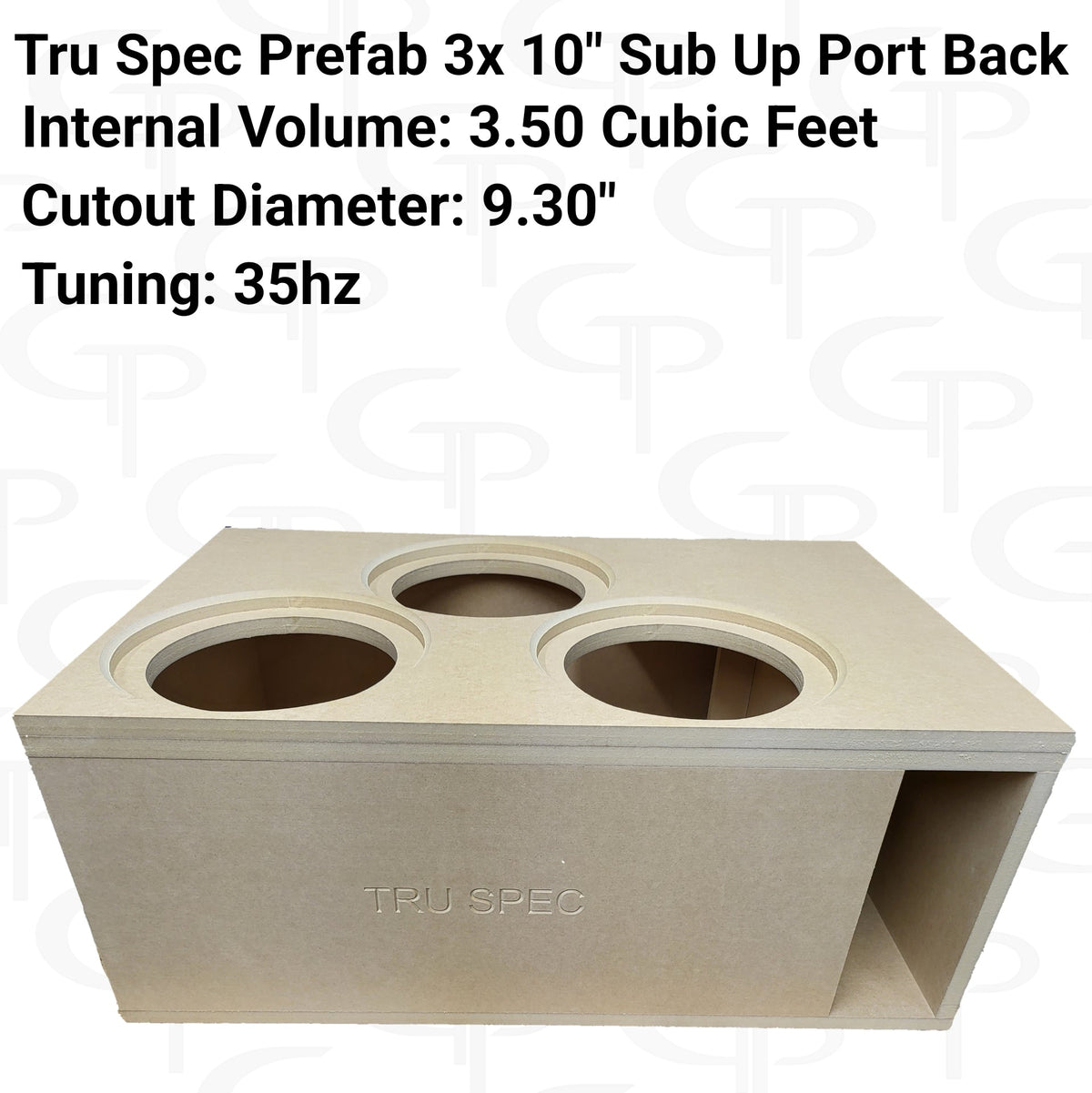 TRU SPEC triple-10-inch enclosure graphic with three top cutouts, a rear port and printed specifications