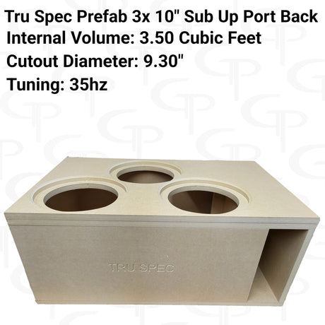 TRU SPEC triple-10-inch enclosure graphic with three top cutouts, a rear port and printed specifications