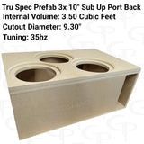 TRU SPEC three 10-inch subs-up enclosure graphic: 3.50 cubic feet, 9.30-inch cutouts and 35 Hz tuning