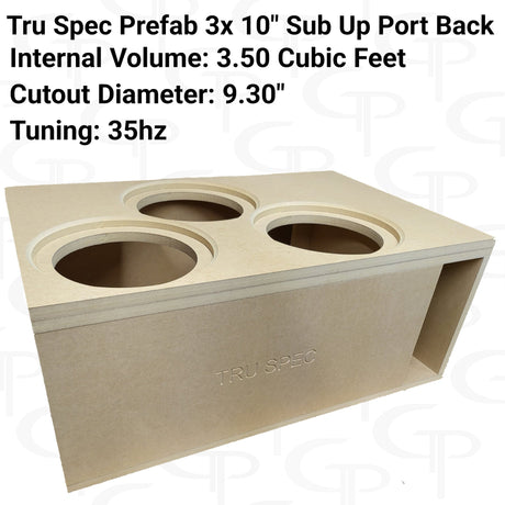 TRU SPEC three 10-inch subs-up enclosure graphic: 3.50 cubic feet, 9.30-inch cutouts and 35 Hz tuning