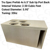 TRU SPEC quad 6.5-inch subs-up enclosure graphic: 2.50 cubic feet, 5.95-inch cutouts and 35 Hz tuning