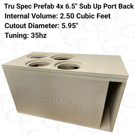 TRU SPEC quad 6.5-inch subs-up enclosure graphic: 2.50 cubic feet, 5.95-inch cutouts and 35 Hz tuning