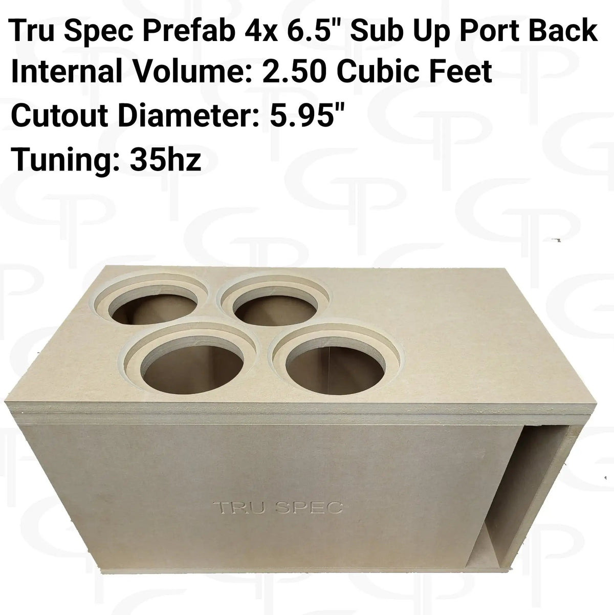 TRU SPEC quad-6.5-inch enclosure graphic showing four top cutouts and printed 2.50-cubic-foot volume and 35 Hz tuning