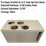 TRU SPEC quad-6.5-inch enclosure graphic showing four top cutouts and printed 2.50-cubic-foot volume and 35 Hz tuning