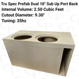 Angled TRU SPEC dual-10-inch enclosure graphic showing its top cutouts, rear port and printed specifications