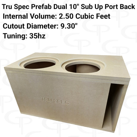 Angled TRU SPEC dual-10-inch enclosure graphic showing its top cutouts, rear port and printed specifications