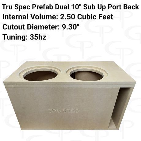 TRU SPEC dual-10-inch enclosure graphic with two top cutouts, a rear port and printed specifications
