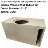 TRU SPEC single 12-inch XXL subs-up enclosure graphic: 2.50 cubic feet, 11.2-inch cutout and 35 Hz tuning