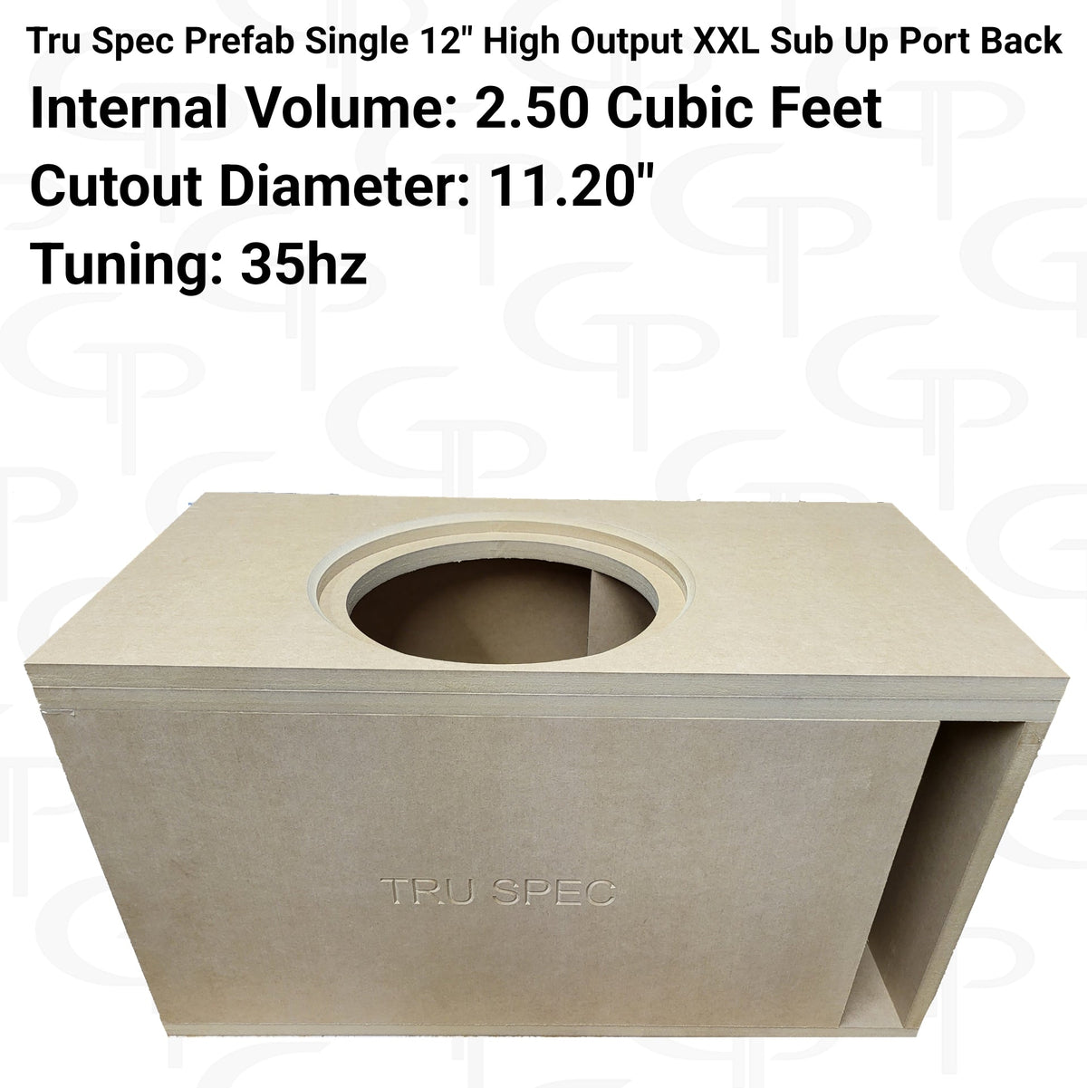 Tru Spec single 12-inch sub-up, port-back enclosure graphic specifying 2.5 cubic feet, an 11.2-inch cutout and 35 Hz tuning