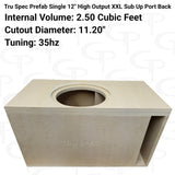 Tru Spec single 12-inch sub-up, port-back enclosure graphic specifying 2.5 cubic feet, an 11.2-inch cutout and 35 Hz tuning