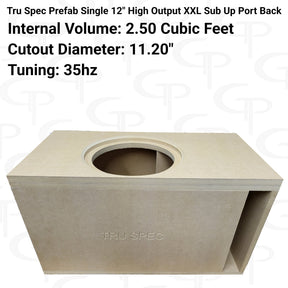 Tru Spec single 12-inch sub-up, port-back enclosure graphic specifying 2.5 cubic feet, an 11.2-inch cutout and 35 Hz tuning