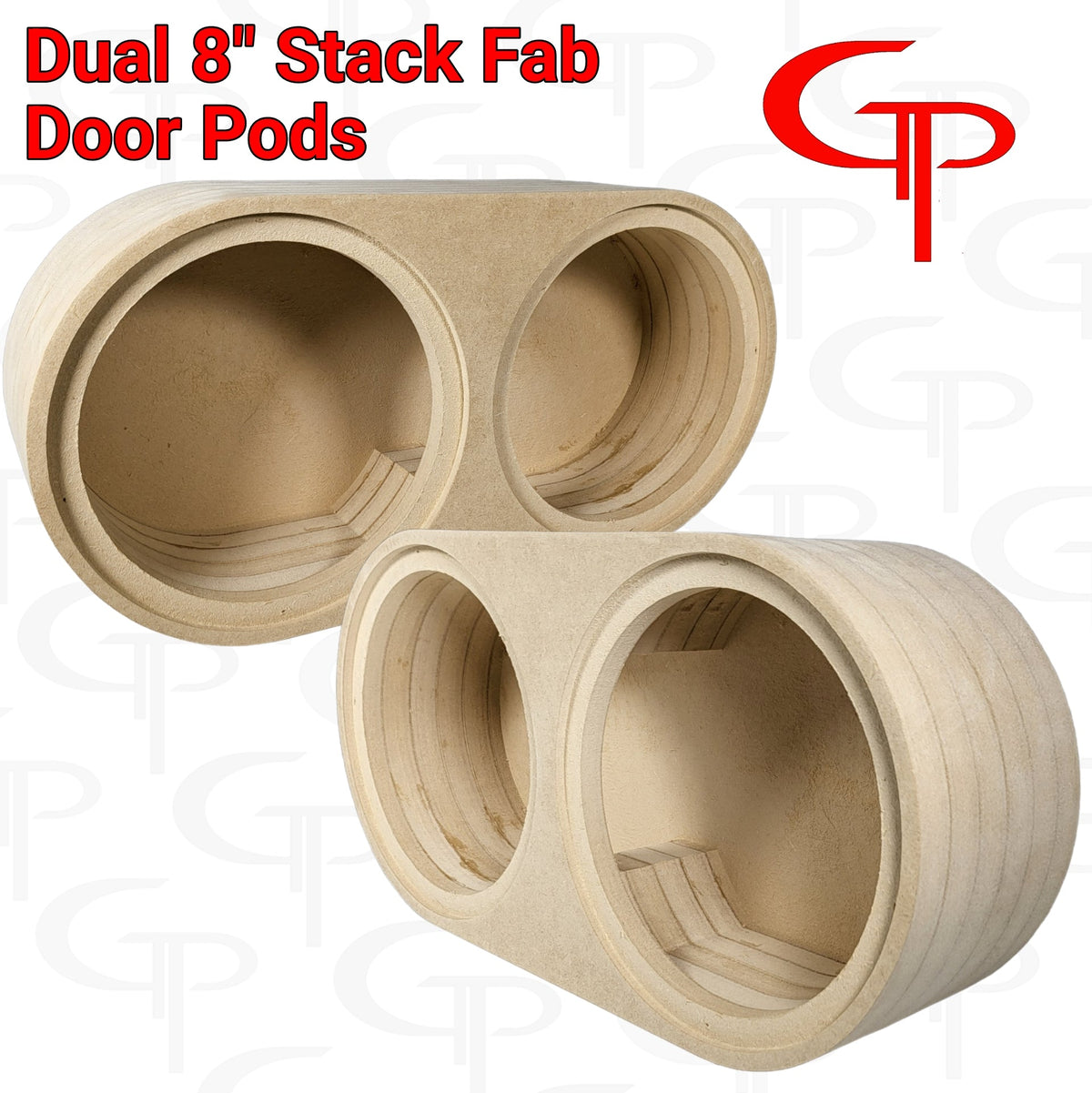 Two layered dual-opening speaker pods shown from opposite angles, labeled Dual 8-inch Stack Fab Door Pods