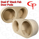 Two layered dual-opening speaker pods shown from opposite angles, labeled Dual 8-inch Stack Fab Door Pods