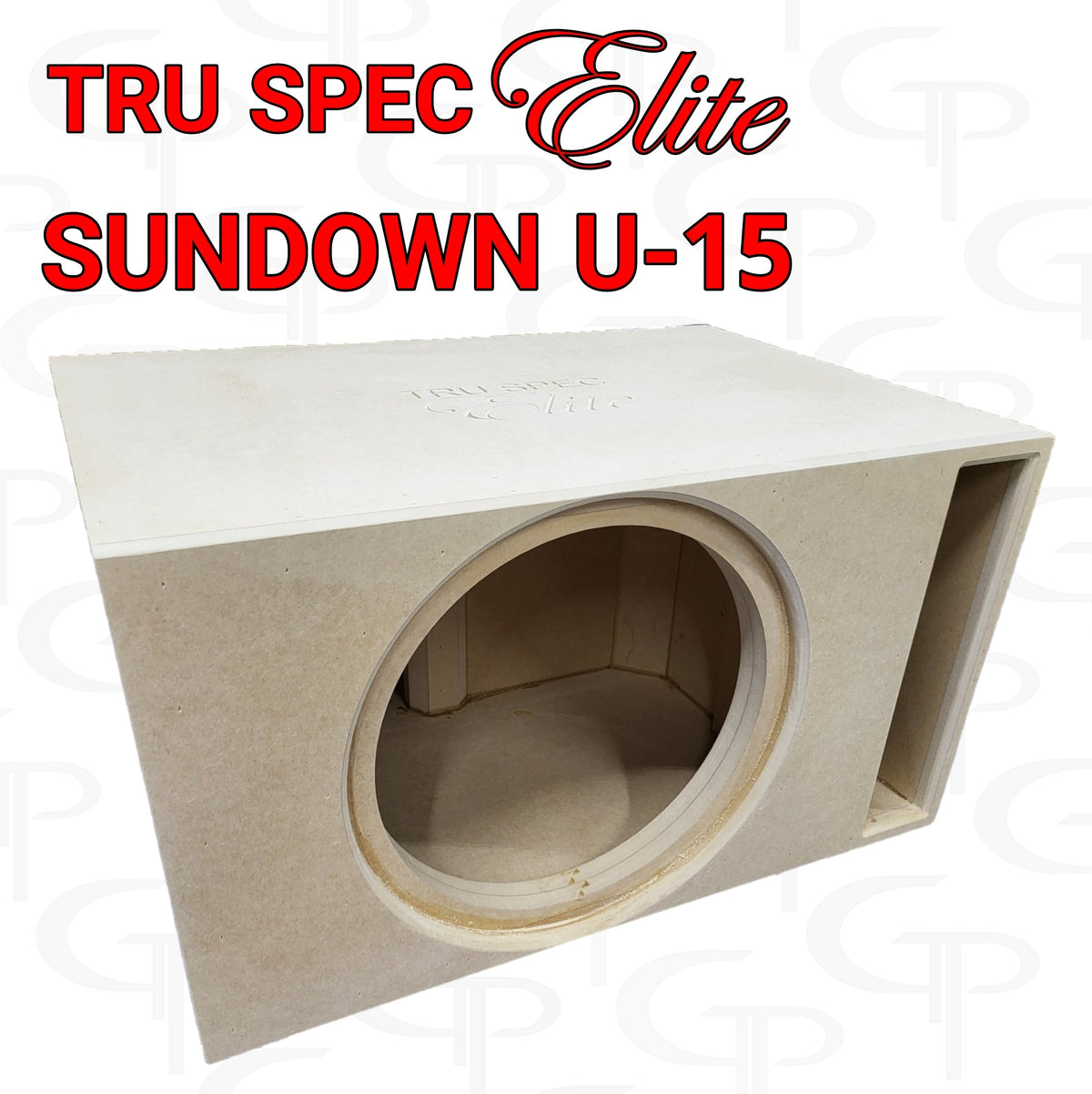 TRU SPEC Elite Sundown U-15 enclosure graphic showing one round speaker opening and a rectangular front port