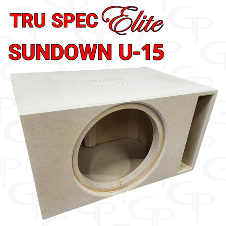 TRU SPEC Elite Sundown U-15 enclosure graphic showing one round speaker opening and a rectangular front port