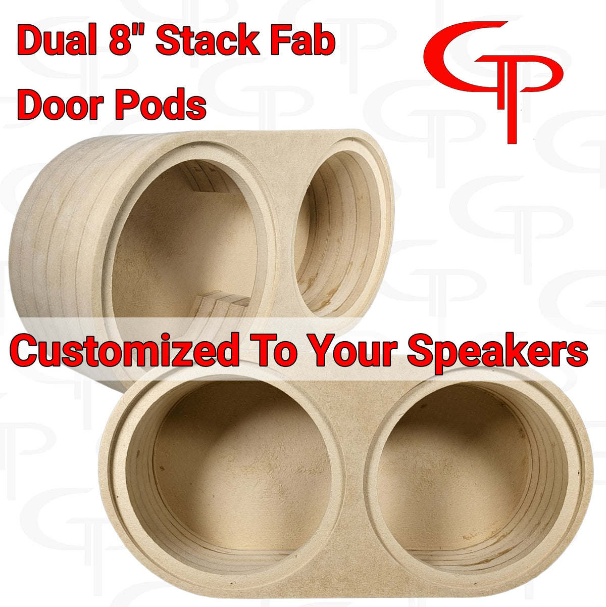 Stack Fab dual 8-inch door pod graphic showing a pair of layered pods and the message Customized to Your Speakers