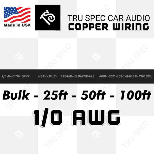 TRU SPEC black 1/0 AWG copper wiring graphic showing bulk, 25-foot, 50-foot and 100-foot options