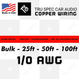 TRU SPEC 1/0 AWG copper wiring graphic showing bulk, 25-foot, 50-foot and 100-foot options