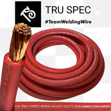Coil of red TRU SPEC wire with a stripped conductor close-up and visible 1/0 labeling