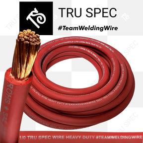 Coil of red TRU SPEC wire with a stripped conductor close-up and visible 1/0 labeling