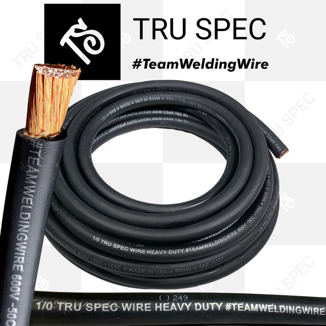 Coil of black TRU SPEC wire with an exposed conductor close-up and visible 1/0 labeling