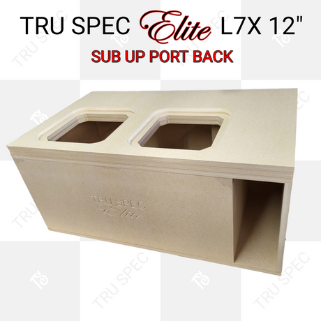 TRU SPEC Elite L7X 12-inch enclosure graphic showing two top speaker openings and a rear port, labeled Sub Up Port Back