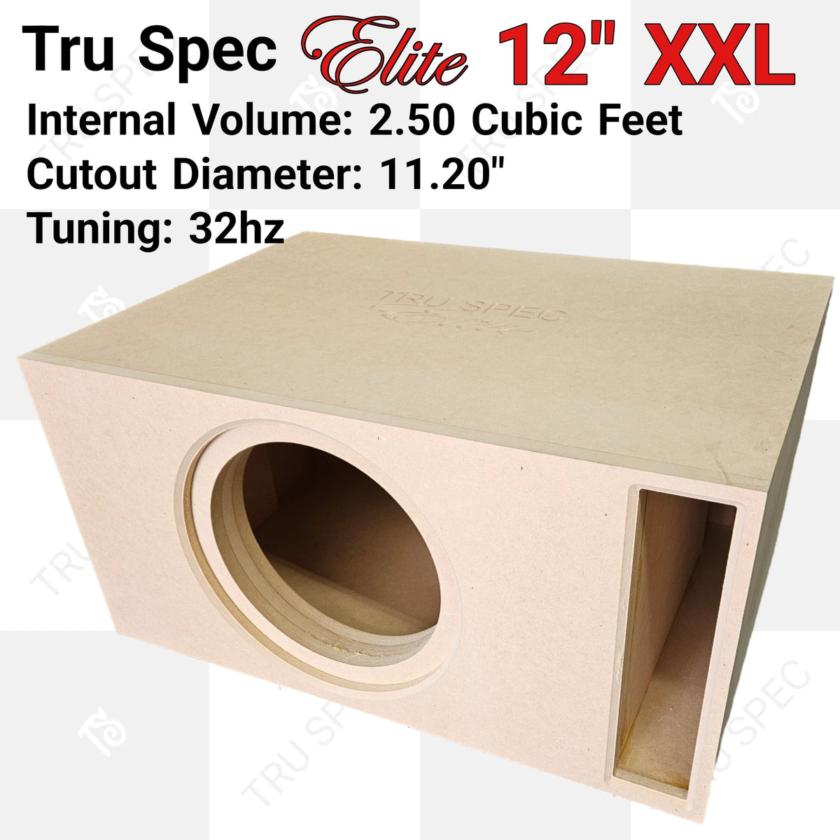 TRU SPEC Elite 12-inch XXL enclosure graphic showing the round cutout, slot port and printed volume and tuning