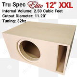 TRU SPEC Elite 12-inch XXL enclosure graphic showing the round cutout, slot port and printed volume and tuning