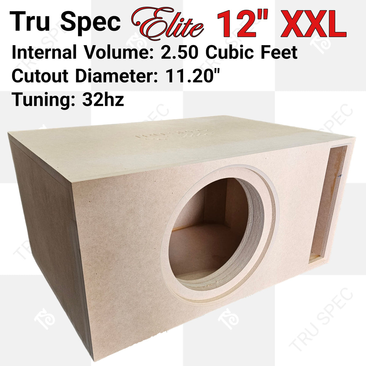 Tru Spec Elite 12 XXL enclosure graphic specifying 2.5 cubic feet internal volume, an 11.2-inch cutout and 32 Hz tuning