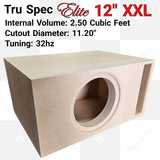 Tru Spec Elite 12 XXL enclosure graphic specifying 2.5 cubic feet internal volume, an 11.2-inch cutout and 32 Hz tuning