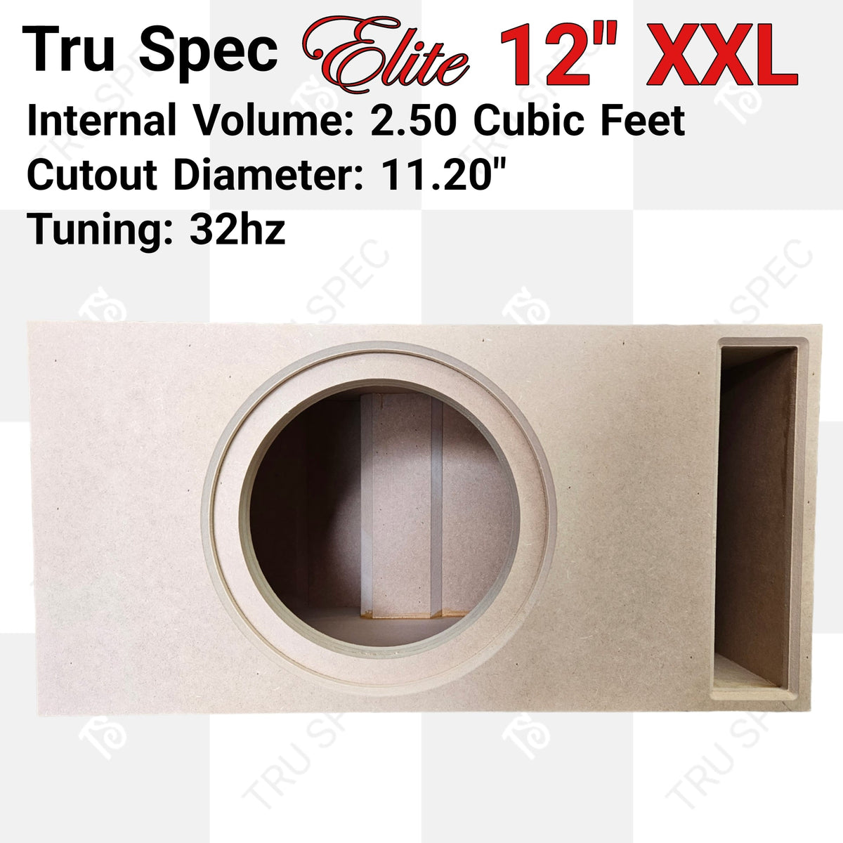 Front view of the TRU SPEC Elite 12-inch XXL enclosure with printed 2.50-cubic-foot volume and 32 Hz tuning