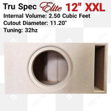 Front view of the TRU SPEC Elite 12-inch XXL enclosure with printed 2.50-cubic-foot volume and 32 Hz tuning