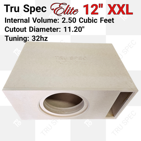 Overhead angle of a TRU SPEC Elite 12-inch XXL enclosure with a round front cutout, slot port and printed specifications