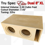TRU SPEC Elite dual 8-inch XL enclosure viewed from above, labeled 2.00 cubic feet, 7.45-inch cutouts and 32 Hz tuning