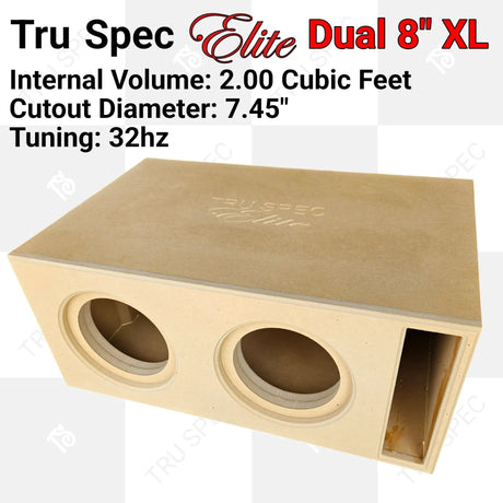 TRU SPEC Elite dual 8-inch XL enclosure viewed from above, labeled 2.00 cubic feet, 7.45-inch cutouts and 32 Hz tuning