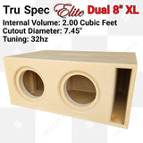 Tru Spec Elite Dual 8 XL slot-ported enclosure graphic specifying 2 cubic feet internal volume, 7.45-inch speaker cutouts and 32 Hz tuning