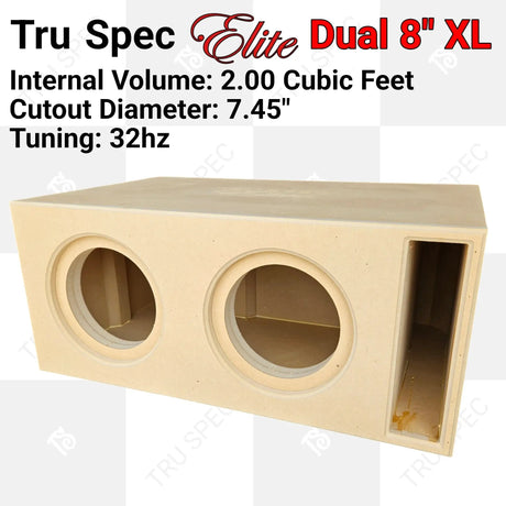 Tru Spec Elite Dual 8 XL slot-ported enclosure graphic specifying 2 cubic feet internal volume, 7.45-inch speaker cutouts and 32 Hz tuning
